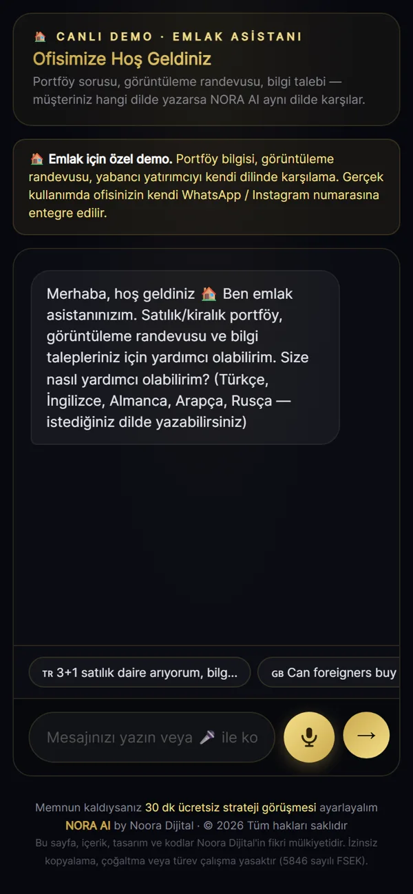 Emlak firması için canlı asistan denemesi ekranı