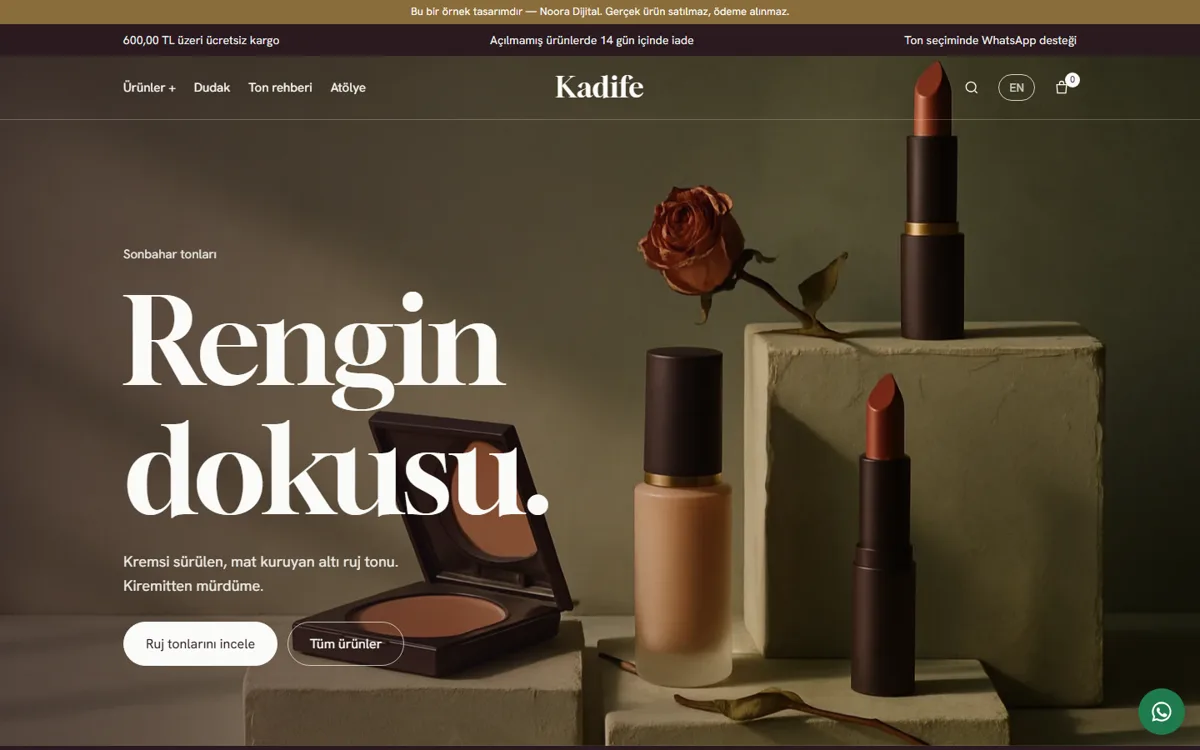 Kurgu kozmetik markası Kadife'nin örnek e-ticaret sitesinin ana sayfası