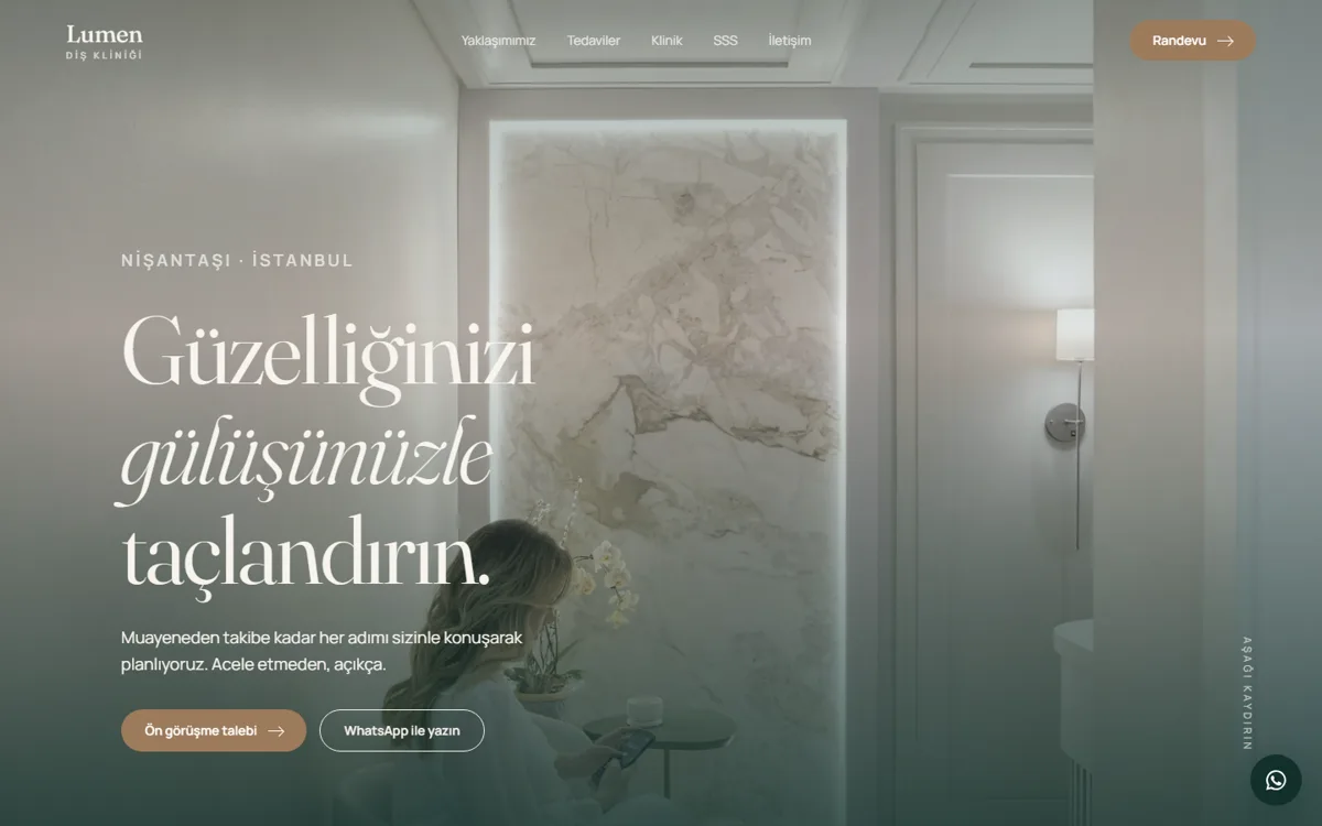 Kurgu Lumen Diş Kliniği'nin örnek kurumsal sitesinin ana sayfası